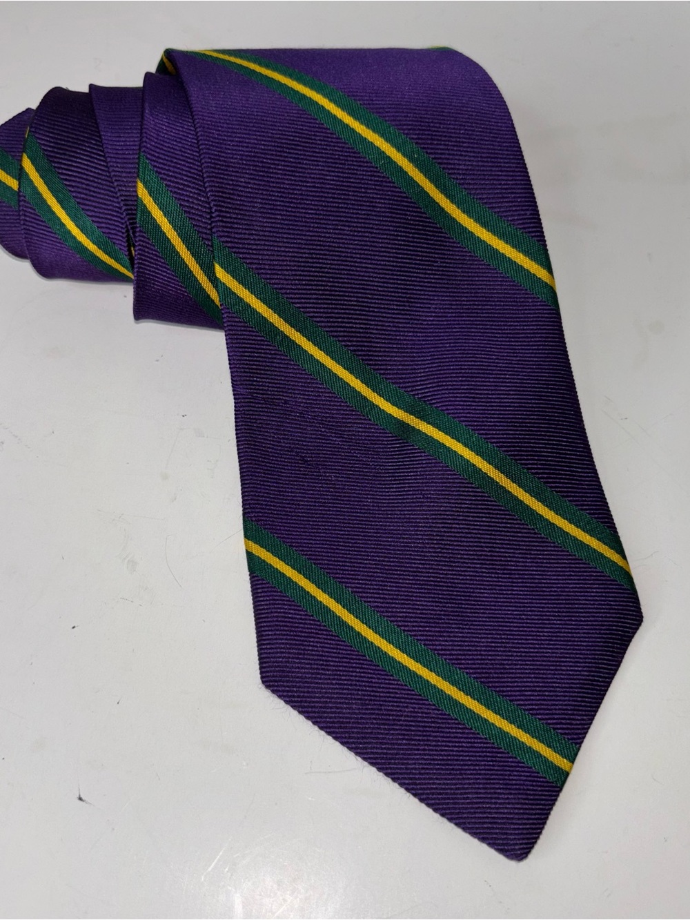 Lauren Ralph Lauren 100% Silk Tie Purple Green Yellow Stripe Made in USA  100% S